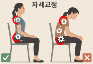 거북목 라운드숄더 분당 자세 체형교정 센터에서 한 여성이 의자에 앉아 올바른자세와 올바르지 않은예제의 인포그래픽