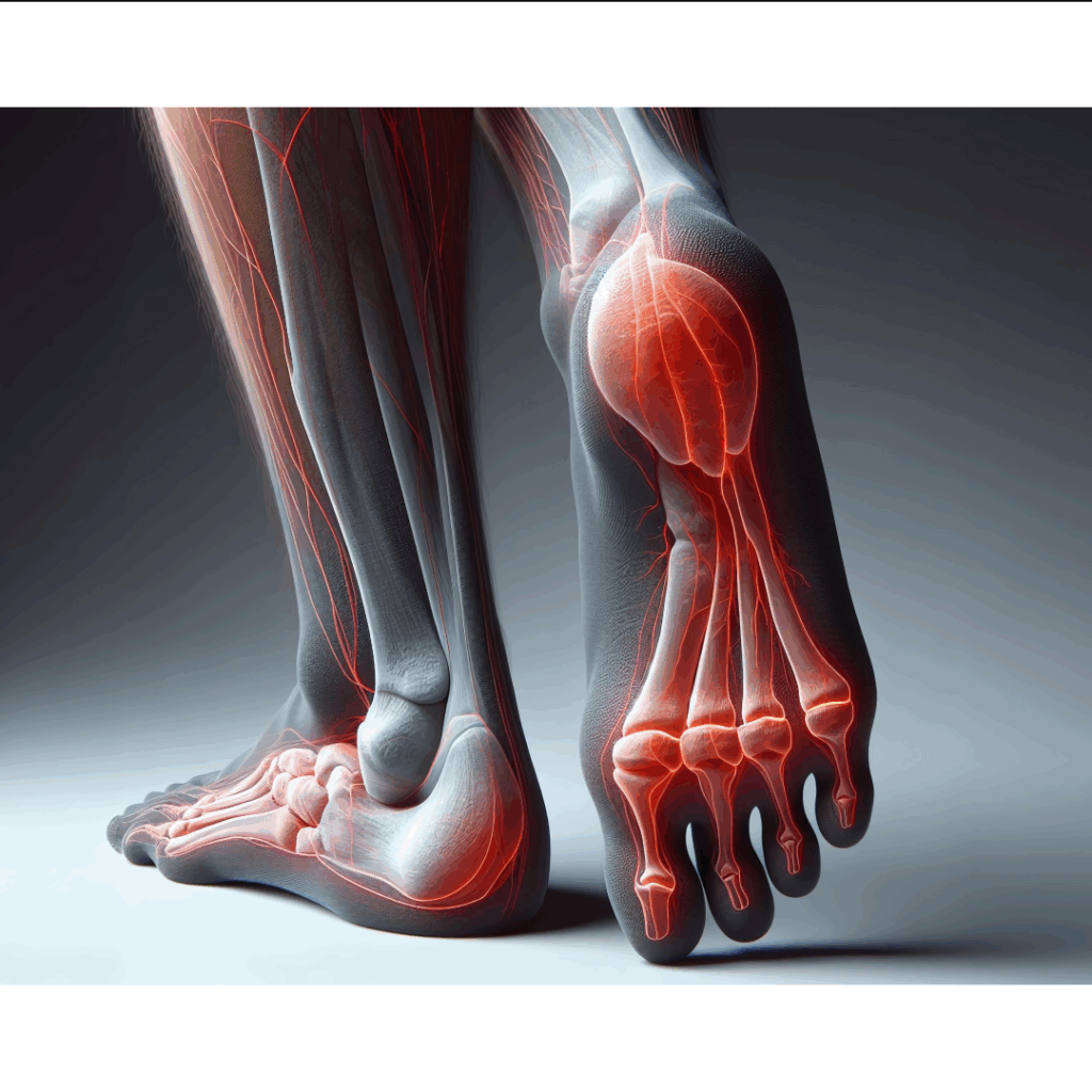 인간 발의 뼈, 혈관, 신경 구조를 보여주는 의학적 또는 예술적 3D 렌더링 이미지. 뼈대는 흰색 또는 회색이며, 혈관 또는 신경 섬유는 붉은색으로 강조되어 있다. 발과 발목 주변의 통증이나 염증이 있을 수 있는 영역을 시각적으로 나타내는 듯이 일부 영역(예: 발뒤꿈치와 발가락 관절 부분)이 특히 밝은 주황색에서 붉은색으로 빛나고 있다. 왼쪽 발은 옆면이, 오른쪽 발은 발바닥이 보이는 각도로 서 있다. 배경은 회색에서 흰색으로 그라데이션 되어 있다