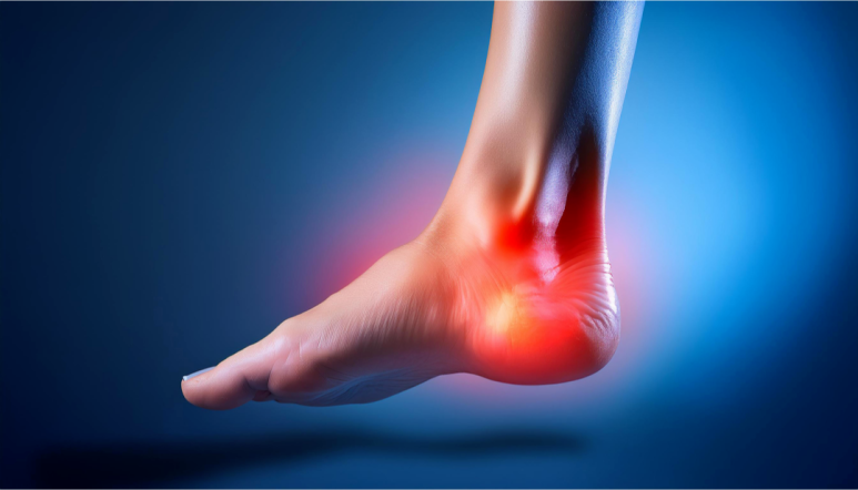 발목 부위에 통증이 있는 사람의 발을 묘사한 이미지로, 발목 주변이 붉은 빛으로 강조되어 염증이나 통증 부위를 나타내고 있다. 파란색 배경 위에 발이 옆으로 보인다. 분당 정자역 라룬리픽스 재활운동센터