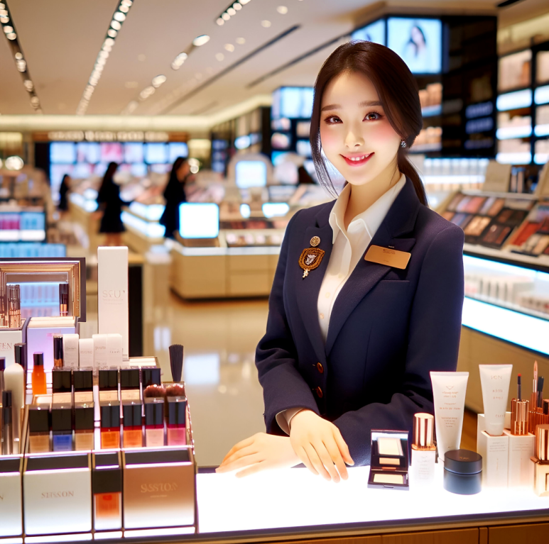 화장품 매장에서 단정한 네이비색 유니폼을 입은 여성 직원이 미소를 지으며 화장품 진열대 앞에 서 있는 모습. 진열대에는 여러 종류의 스킨케어 제품과 메이크업 제품이 정돈되어 있고, 매장 내부는 밝고 세련된 조명으로 꾸며져 있다