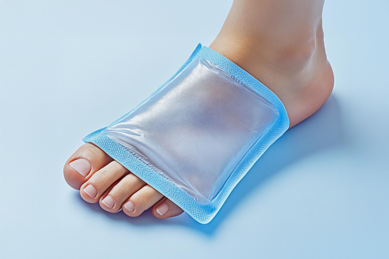 밝은 배경 위에서 발등에 푸른색 냉찜질 팩을 올려놓은 모습. 투명한 젤 형태의 냉찜질 팩이 발을 덮고 있으며, 부상이나 통증 완화를 위해 사용되는 상황으로 보인다