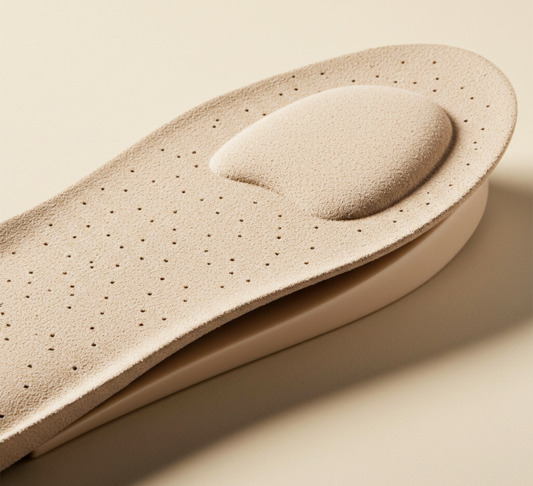 밝은 베이지색 배경 위에 놓인 신발용 인솔의 근접 사진. 부드러운 소재로 제작된 깔창에는 통기성을 위한 작은 구멍과 발바닥 아치를 지지하는 볼록한 쿠션이 보인다