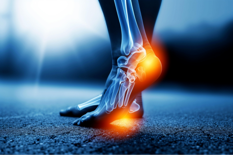 투명한 발목과 발의 뼈 구조가 보이도록 표현된 이미지로, 발뒤꿈치와 발목 부위가 주황색 빛으로 강조되어 통증이나 염증 부위를 나타내고 있다. 어두운 바닥 위에서 한쪽 발을 들어 올린 모습이다