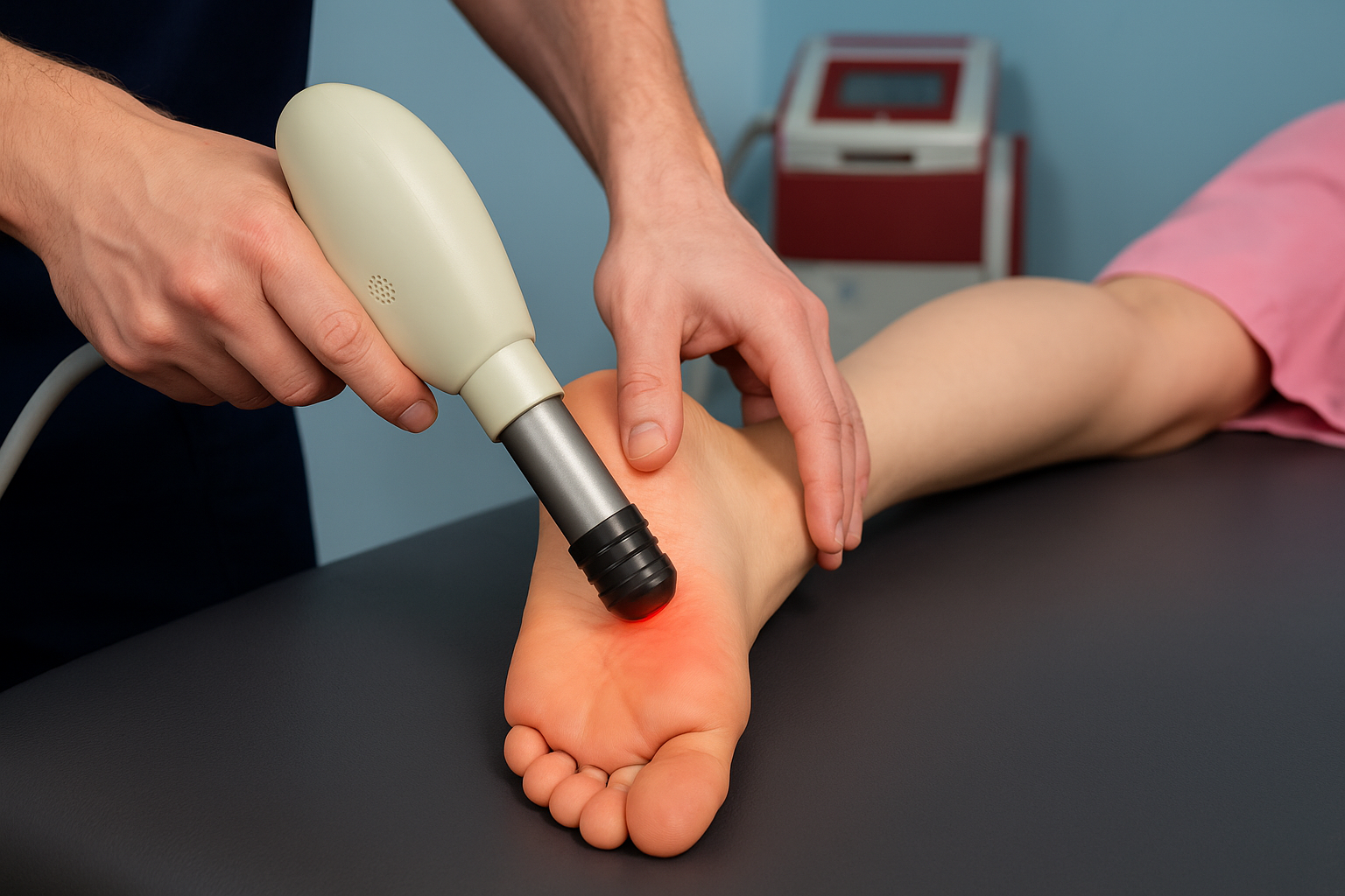 족저근막염으로 인한 뒤꿈치통증 완화를 위해 체외충격파 치료를 받는 장면으로, 발바닥 근막의 염증 부위를 집중적으로 자극하여 혈류 개선과 통증 완화를 돕는 재활치료 과정.