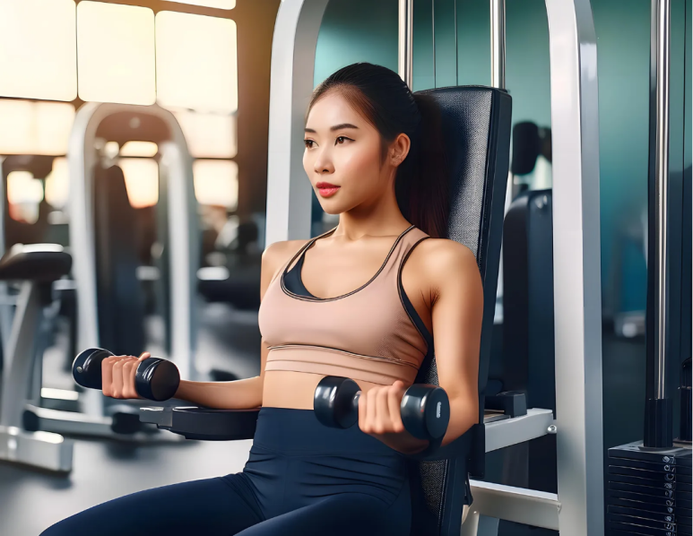 분당 정자동 재활운동센터인 라룬 리픽스 클리닉에서 베이지색 운동복과 남색 레깅스를 입은 젊은 아시아 여성이 헬스장에서 시티드 머신에 앉아 덤벨 컬을 하고 있습니다.