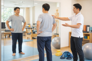 거울 앞에서 자신의 자세를 확인하는 운동 초보 성인과 옆에서 설명해주는 재활운동 전문가. 분당 정자 재활운동센터 분위기