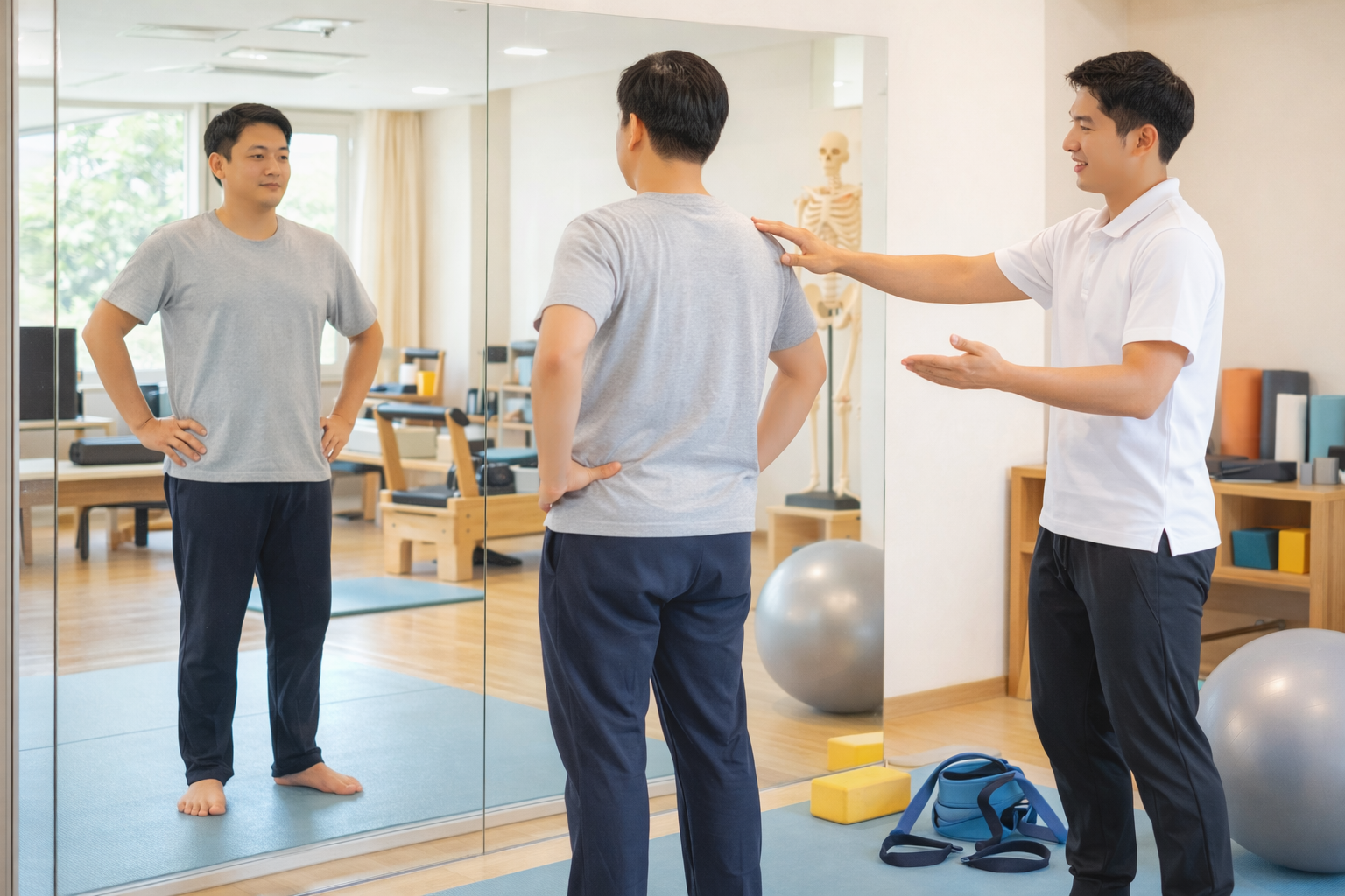 거울 앞에서 자신의 자세를 확인하는 운동 초보 성인과 옆에서 설명해주는 재활운동 전문가. 분당 정자 재활운동센터 분위기