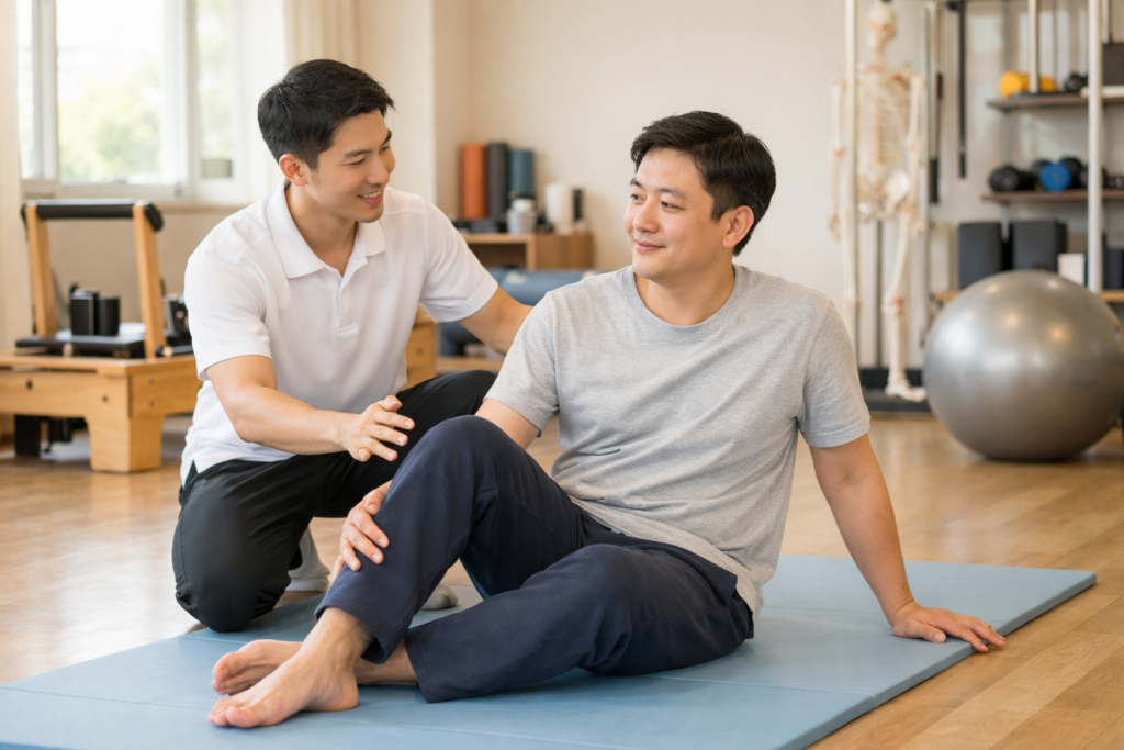 밝고 차분한 재활운동센터 내부. 운동 초보로 보이는 30~40대 성인이 전문 트레이너의 안내를 받으며 매트 위에서 가벼운 움직임을 연습하는 장면. 분당 정자 재활운동 초보 운동