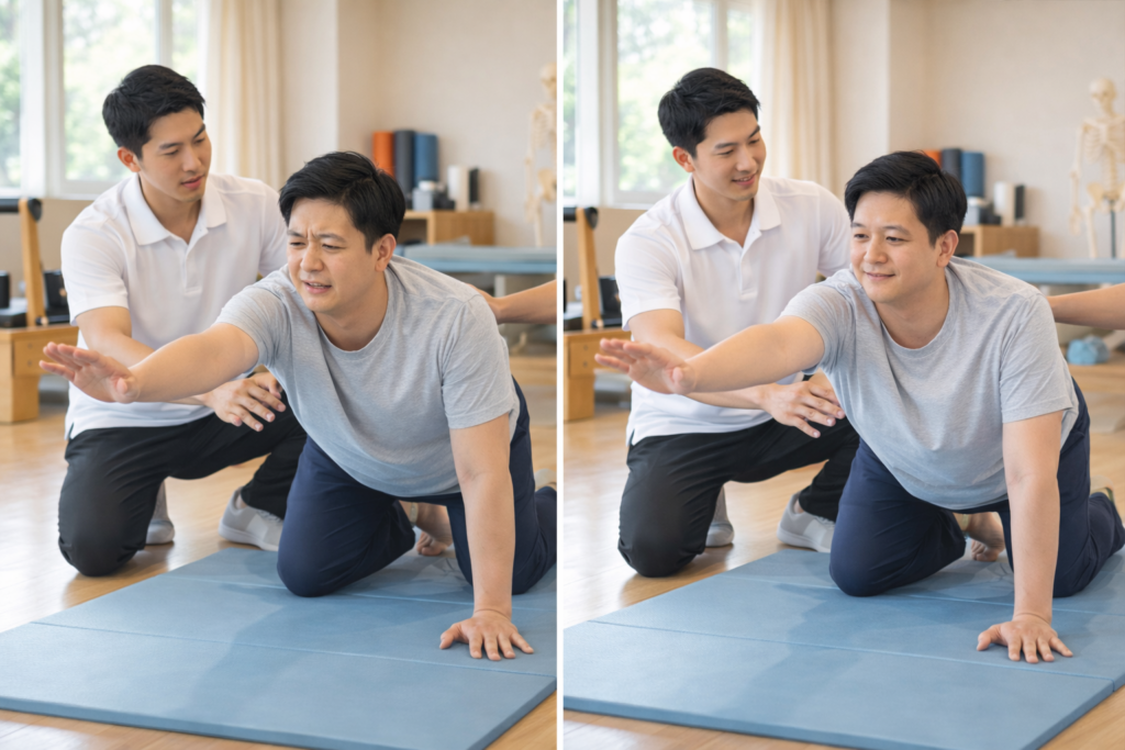 밝고 정돈된 재활운동센터 내부.
허리 또는 목 통증이 있는 30~40대 성인이 전문 트레이너의 안내를 받으며
통증을 유발하지 않는 범위에서
가벼운 움직임을 시도하는 장면.
분당 허리 통증 재활운동