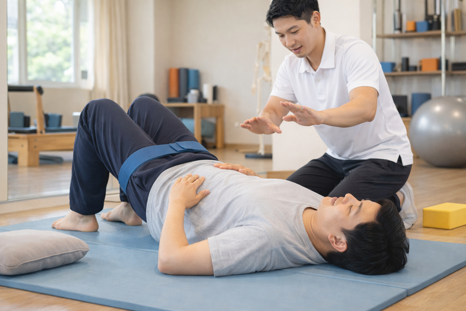 밝고 차분한 재활운동센터 내부. 운동 초보로 보이는 30~40대 성인이 전문 트레이너의 안내를 받으며 매트 위에서 가벼운 움직임을 연습하는 장면.