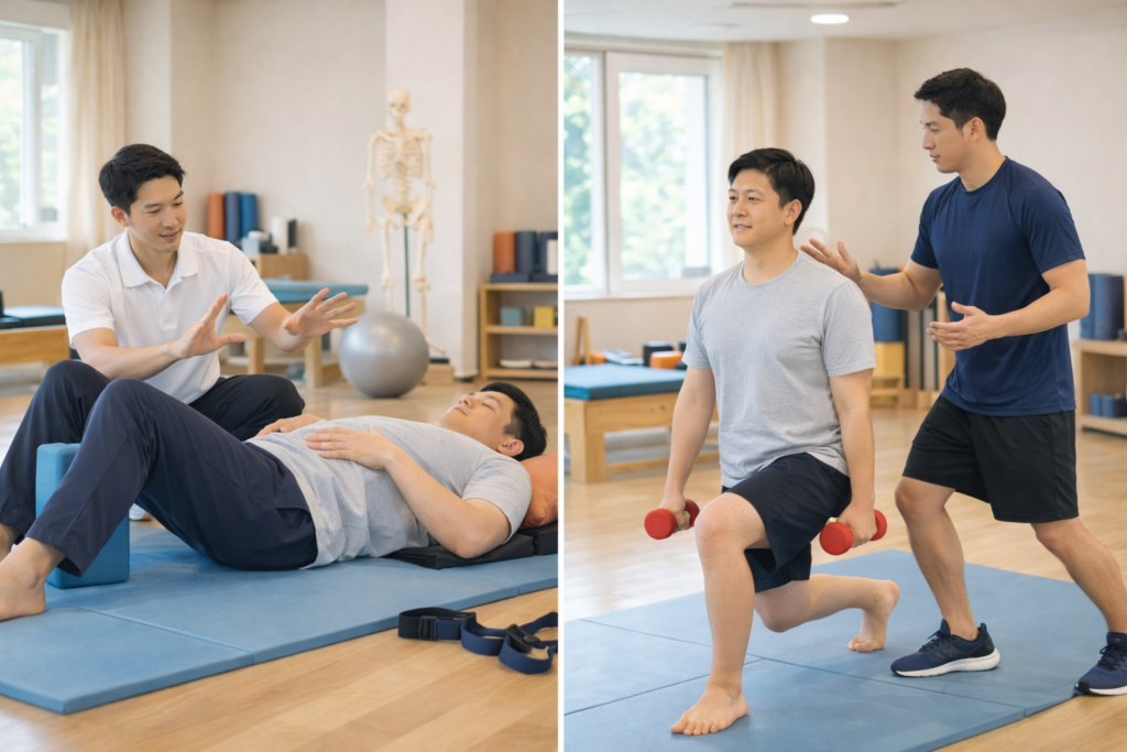 분당 재활운동 PT 차이 
왼쪽: 재활운동 장면 – 매트 위에서 안정·호흡·자세 정렬 중심의 부드러운 동작을 지도받는 성인. 오른쪽: 일반 PT 장면 – 기구 없이도 명확히 ‘운동’ 느낌이 나는 근력 동작을 지도받는 성인.