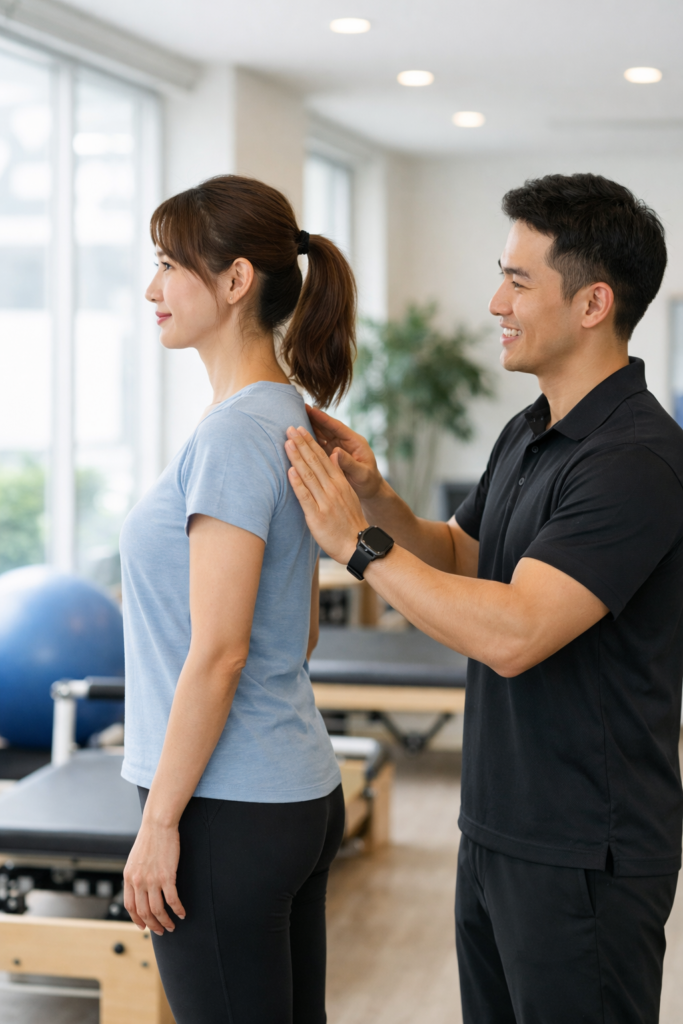 분당 재활운동센터에서 밝고 전문적인 재활운동센터 상담 장면. 트레이너가 고객의 자세를 분석하며 설명하는 모습. 고객은 서 있고 트레이너는 옆에서 손 제스처로 정렬을 안내.