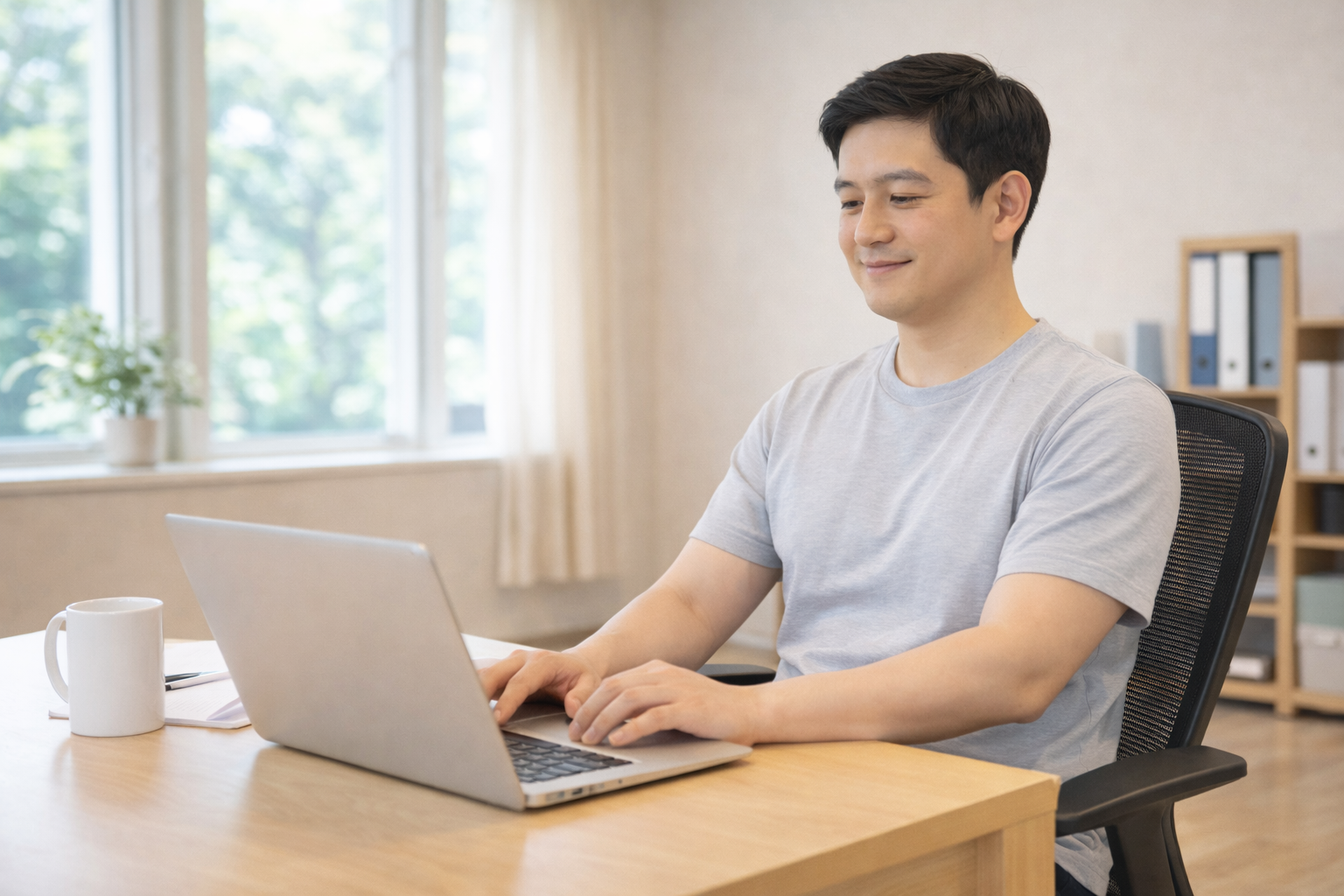 분당 체형교정 효과로 사무실 의자에 앉아 있는 성인이 편안한 자세로 노트북 작업을 하는 모습.