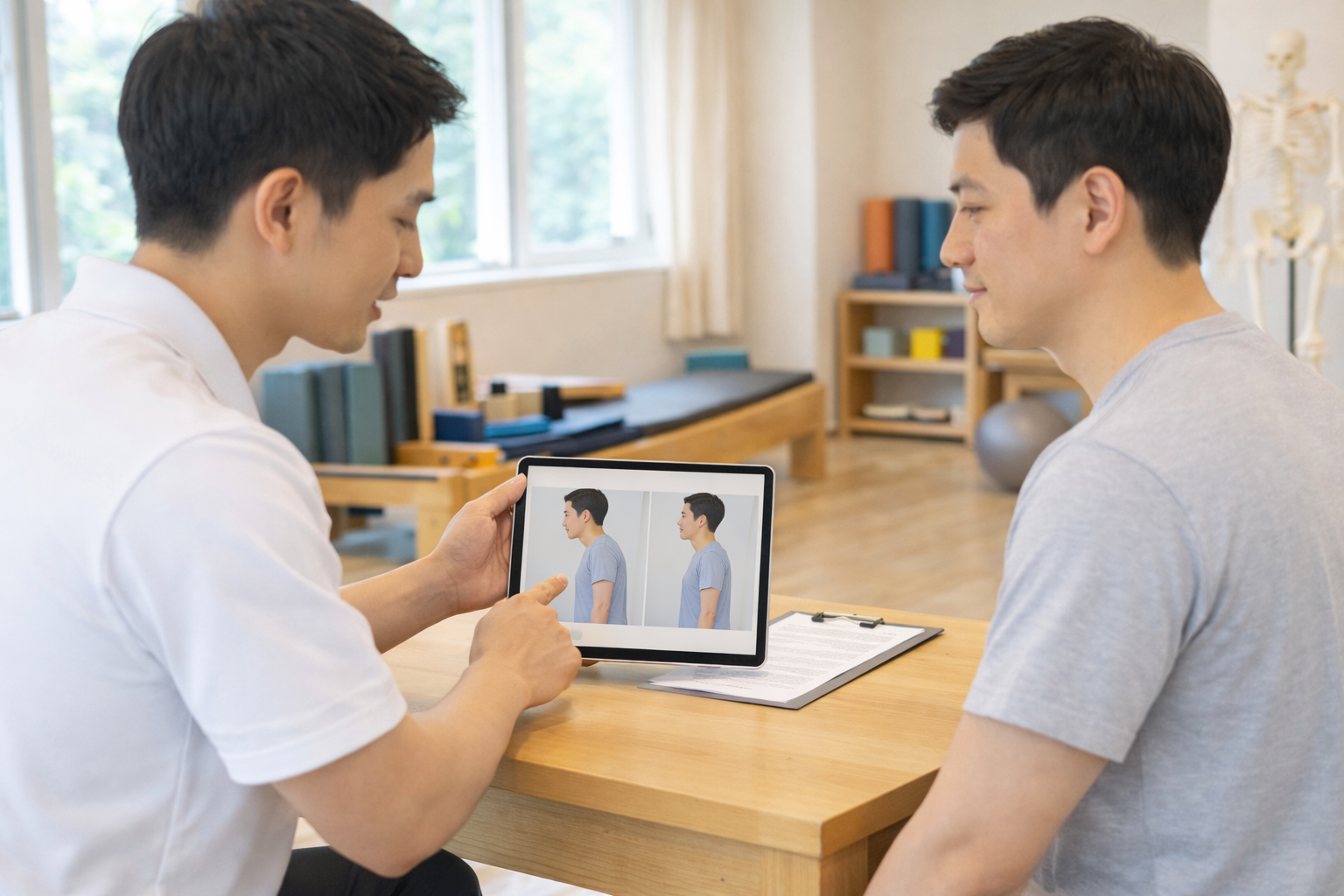 트레이너가 고객에게 자세 변화를 설명하는 장면. 태블릿 또는 기록지를 보며 이전 상태와 분당재활운동센터에서 운동을 진행한 현재 상태를 비교 설명.