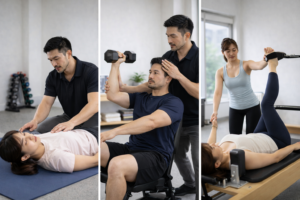 밝은 실내 운동 공간. 세 가지 운동 유형을 상징적으로 보여주는 장면. 왼쪽: 재활운동 매트에서 안정 동작 지도 가운데: PT 근력 운동 지도 오른쪽: 필라테스 정렬 중심 동작 재활운동 PT 필라테스 차이