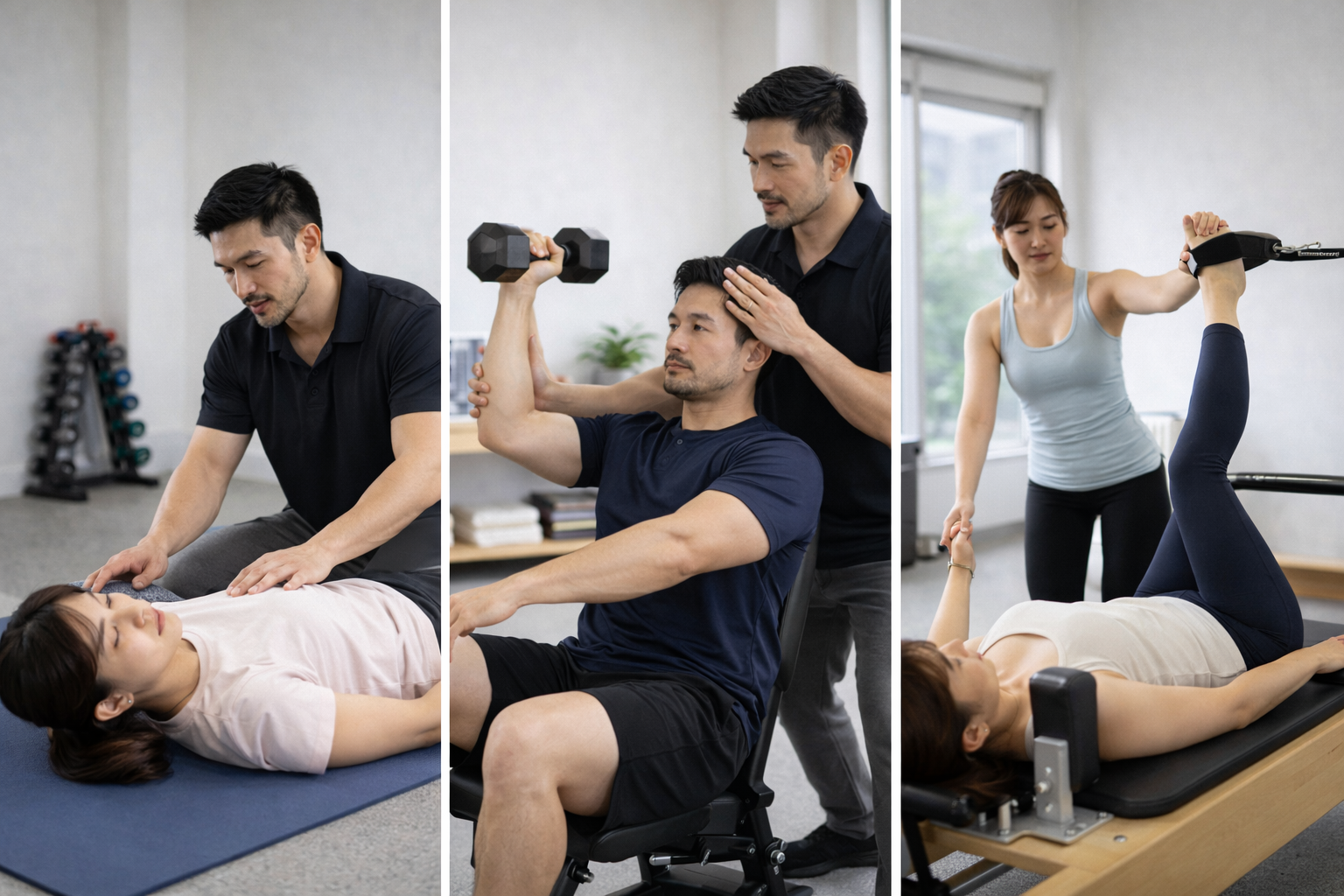 밝은 실내 운동 공간. 세 가지 운동 유형을 상징적으로 보여주는 장면. 왼쪽: 재활운동 매트에서 안정 동작 지도 가운데: PT 근력 운동 지도 오른쪽: 필라테스 정렬 중심 동작 재활운동 PT 필라테스 차이