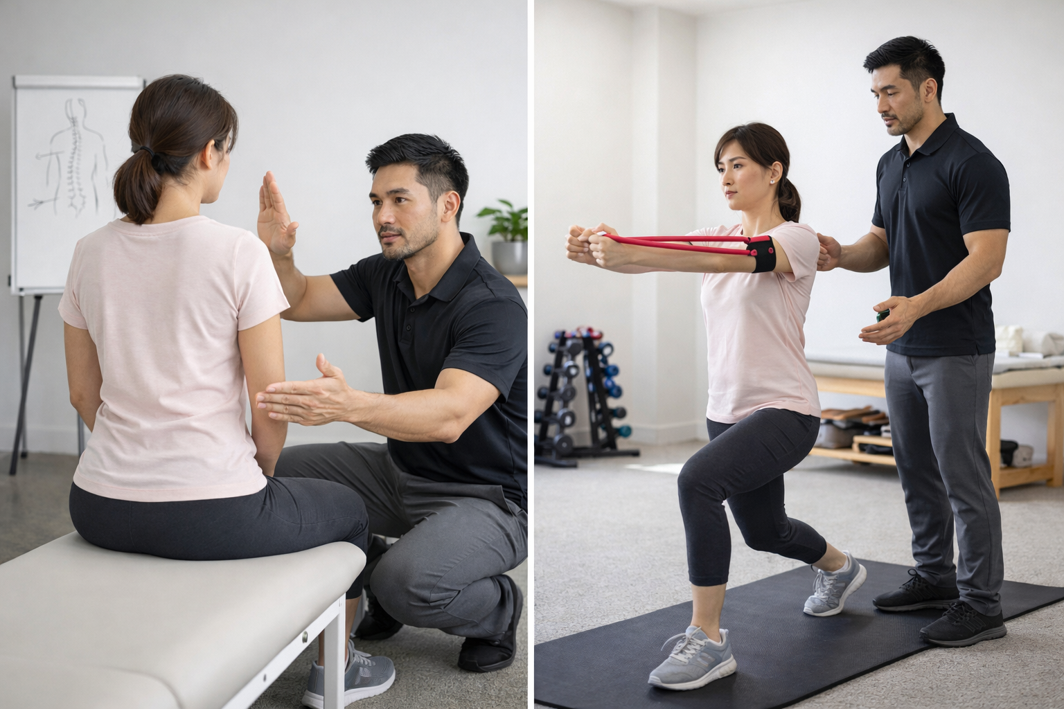 재활운동 전문가가 정자 왼쪽이미지는 재활운동센터 비교의 기준을 고객의 움직임을 관찰하며 손 제스처로 정렬을 안내하고 오른쪽이미지는 고객이 운동 동작을 수행하는 모습.