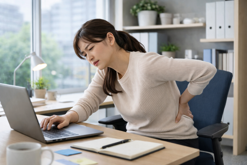 사무실에서 장시간 앉아 있는 성인의 모습. 어깨가 말리고 허리가 굽은 자세. 피로한 표정.