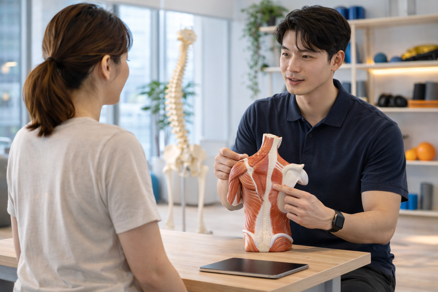 트레이너가 고객의 어깨와 등 근육 상태를 설명하며 상담하는 장면. 분당근막관리 분당체형교정 울트라 니들 설명