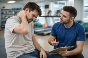 운동 후 허리 또는 목을 잡고 있는 성인의 모습. 트레이너가 옆에서 상태를 확인하며 설명하는 장면.