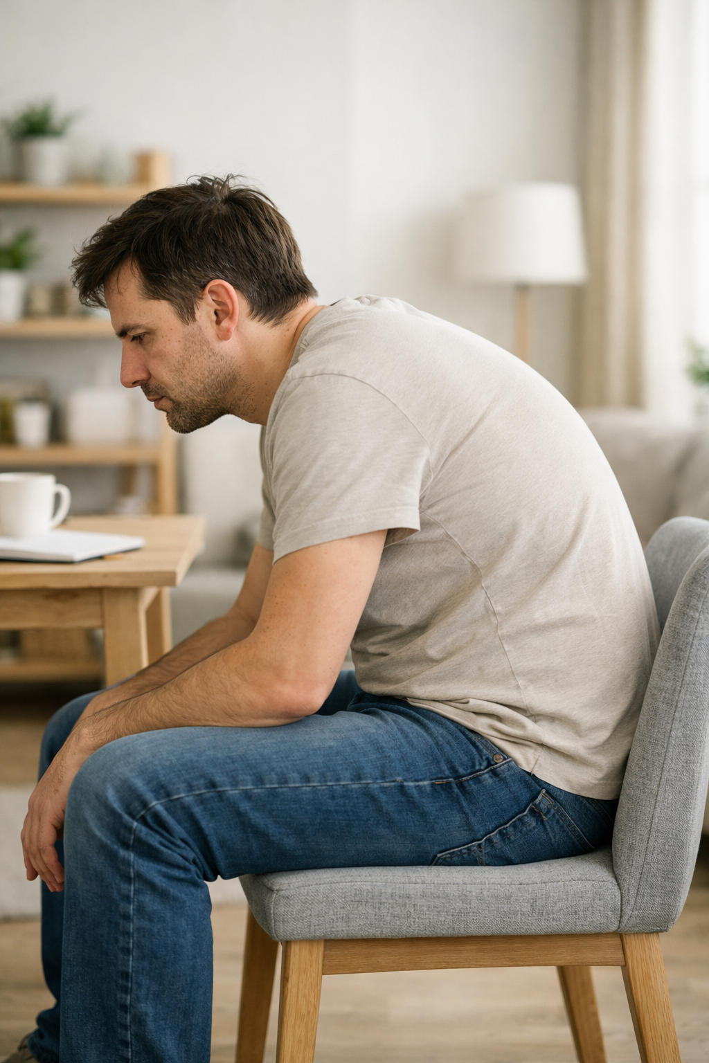 의자에 앉아 있지만 자세가 무너진 성인의 모습. 어깨가 말리고 고개가 앞으로 나온 상태. 자세교정 실패 이유