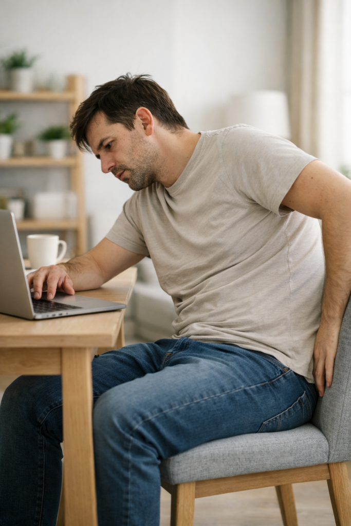 컴퓨터 작업 중 한쪽으로 기대어 앉아 있는 모습.
허리와 어깨 불균형이 보이는 장면. 자세교정 실패 이유