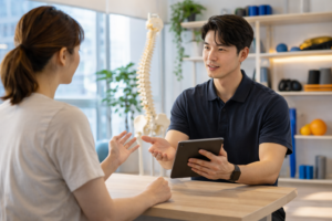 재활운동센터 상담 장면. 트레이너가 고객과 마주 앉아 상담하며 태블릿이나 메모를 보며 설명하는 모습. 재활운동 상담 질문 리스트