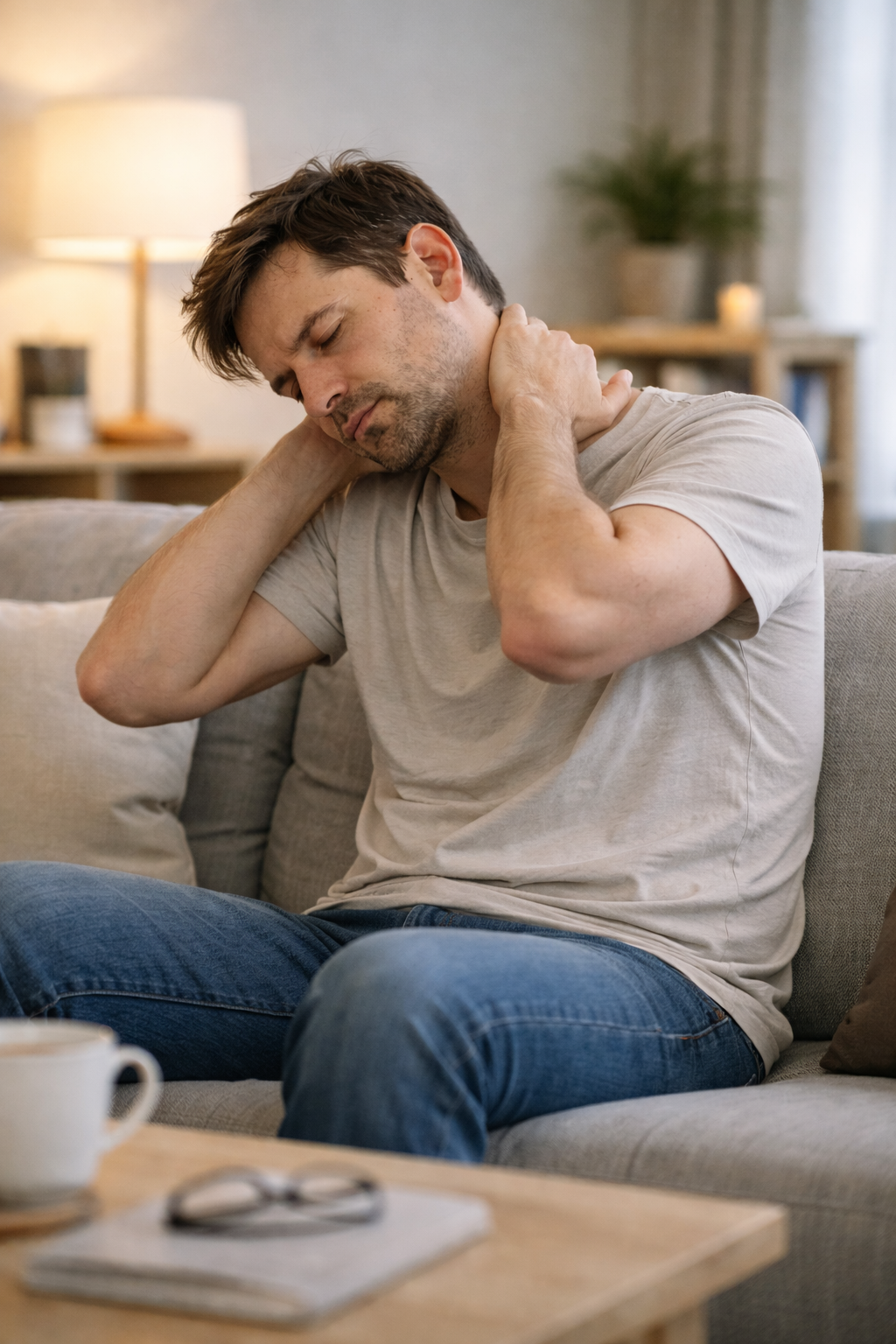 소파나 의자에 앉아 목과 어깨를 주무르는 모습 체형 불균형 피로 원인