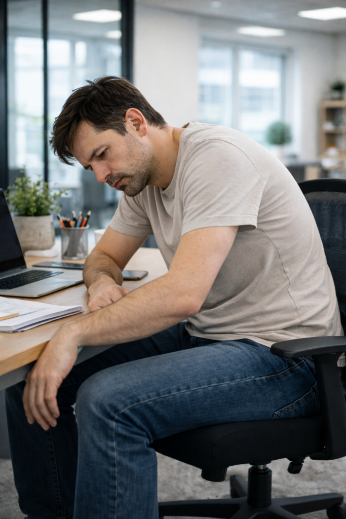 사무실 책상에 앉아 피로한 표정을 짓고 있는 성인. 어깨가 말리고 몸이 축 처진 자세. 체형 불균형 피로 원인