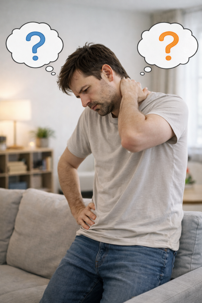 성인이 허리 또는 목을 잡고 고민하는 모습. 두 가지 선택을 고민하는 느낌의 구도. 과장 없는 현실적인 장면, 통증보다는 판단 고민 중심 분위기 통증 원인 구별법