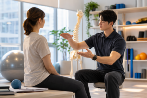 재활운동 전문가가 고객의 움직임을 관찰하며 손 제스처로 자세를 안내하는 장면. 통증 원인 구별법