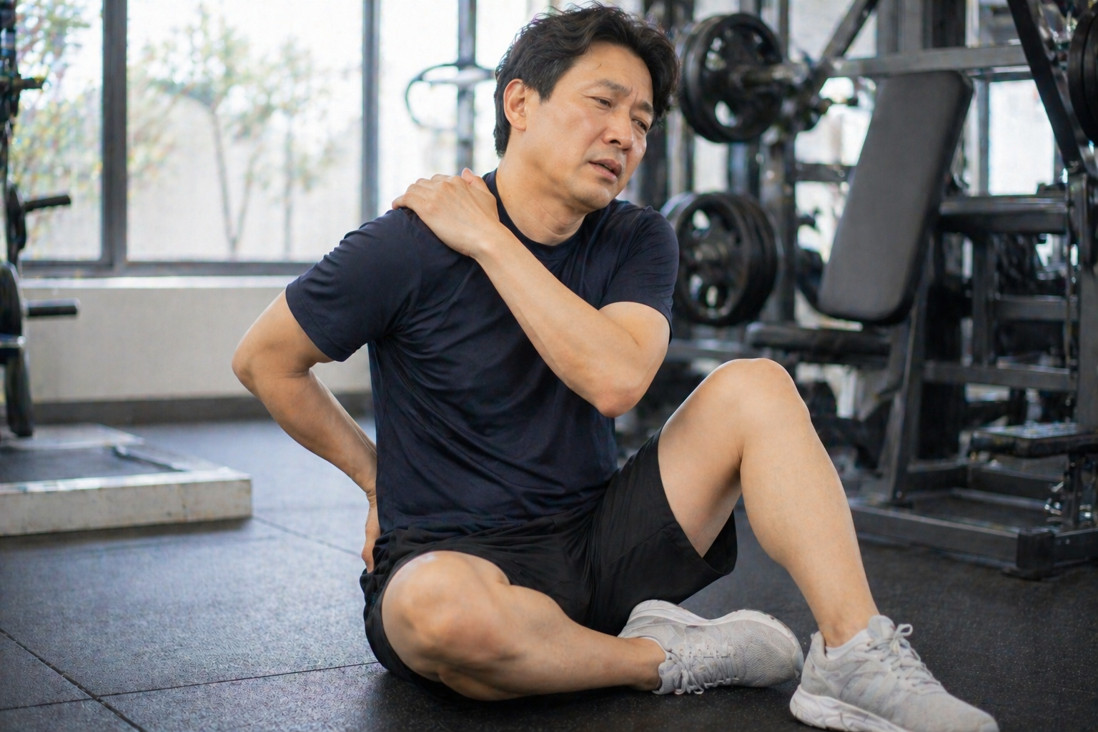 40대-남성이-헬스장에서-운동-후-바닥에-앉아-어깨와-허리를-잡으며-피로를-느끼는-장면