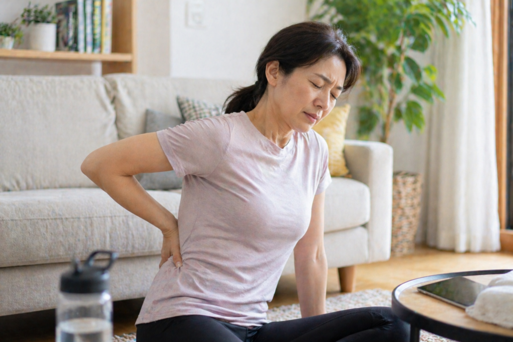 등 통증을 겪는 여성이 한쪽 손으로 허리에 지탱하고 쇼파 아래에 앉아 있읍니다. 