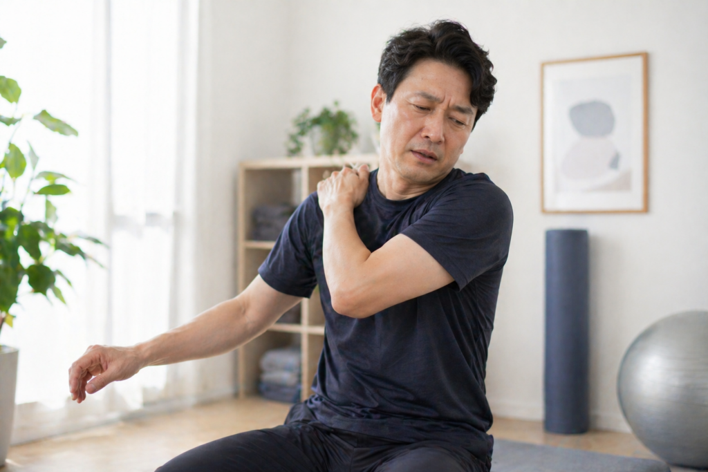 40대 남성이 상체를 움직이려 하지만 뻣뻣한 느낌이드는 장면