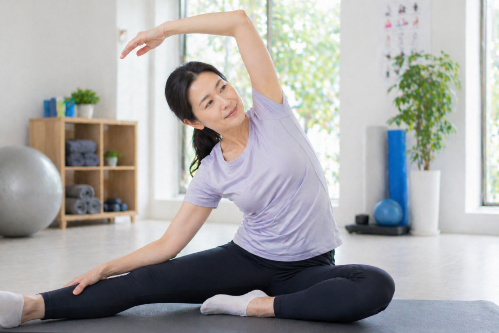 0대-여성이-매트-위에서-부드럽게-스트레칭하며-편안한-표정을-짓는-장면