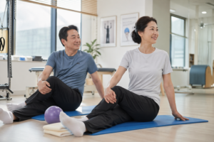 40대 남성과 여성이 밝은 재활운동센터에서 가볍게 스트레칭을 하고 있는 장면