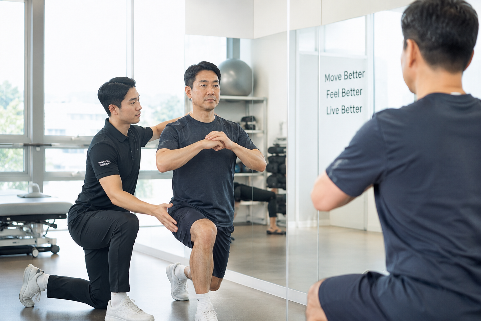 40대 남성과 트레이너가 재활운동센터에서 자세를 확인하며 운동을 진행하는 장면