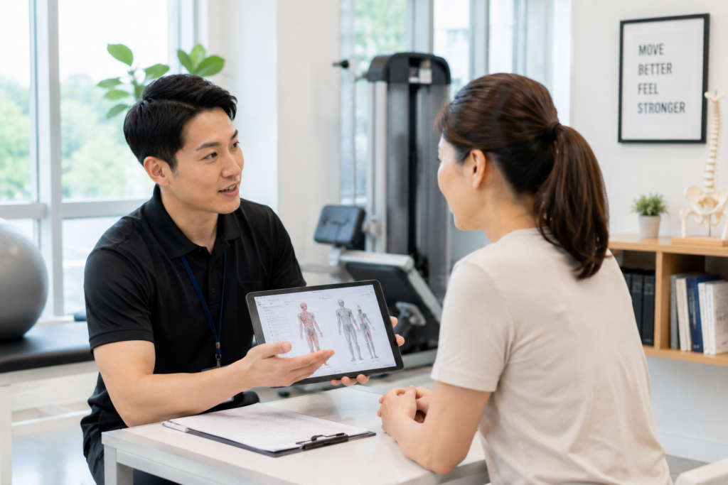 트레이너가 40대 고객과 앉아서 몸 상태와 생활습관을 상담하는 장면, 자세와 움직임에 대해 설명하는 모습