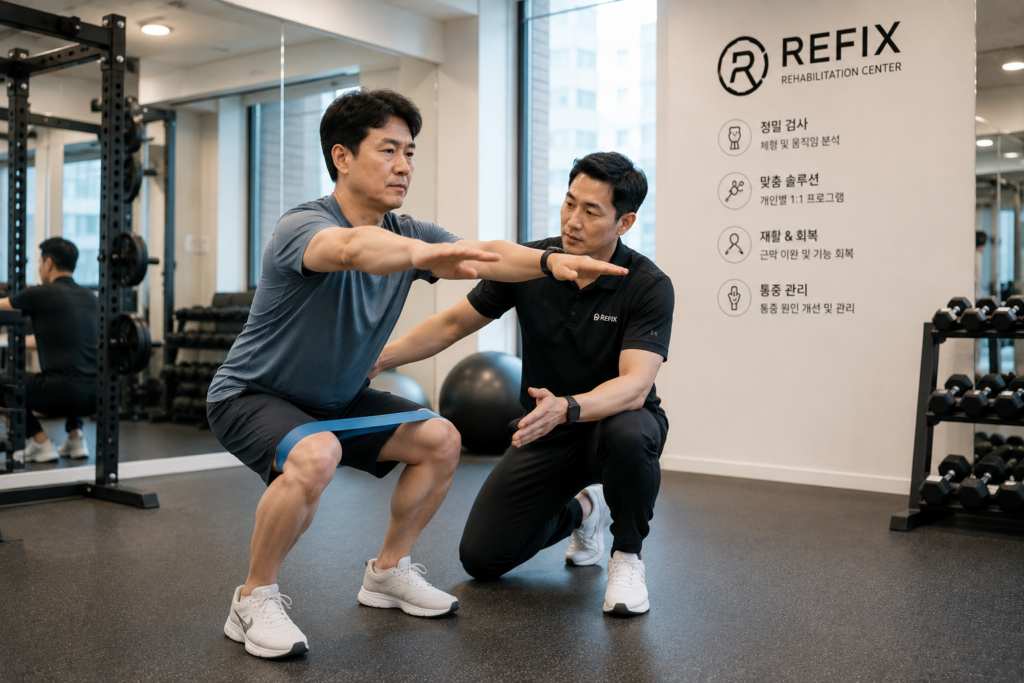 하체근력 운동을 배우는 50대 남성과 여성, 재활운동센터에서 전문 트레이너의 지도를 받으며 스쿼트와 균형운동을 진행하는 모습 건강수명을 위한 하체근력 운동