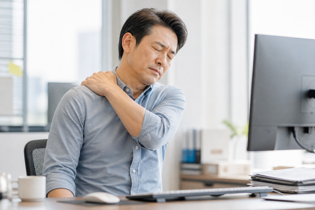 40대 직장인이 사무실에서 컴퓨터를 사용하다가 어깨를 잡고 뻐근함을 느끼는 장면