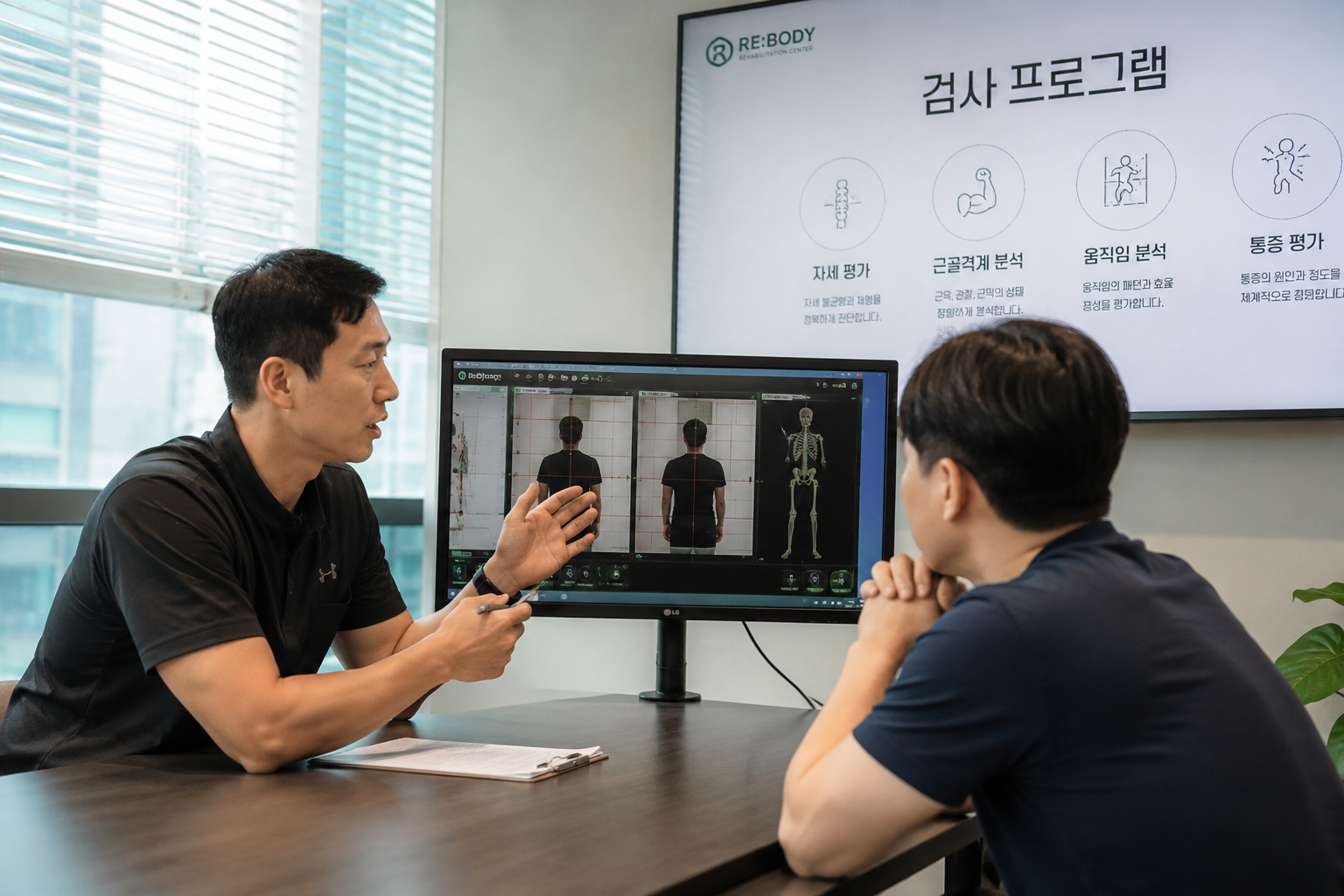 정자역 근막관리 상담 장면 재활운동센터에서 40대 직장인이 트레이너와 마주 앉아 상담을 진행하는 모습 밝고 깨끗한 상담 공간