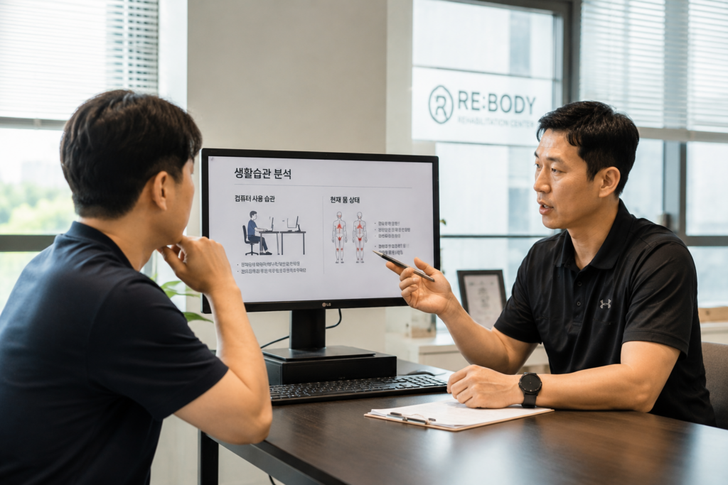 40대 직장인이 재활운동센터에서 트레이너와 생활습관 상담을 진행하는 장면 컴퓨터 사용 습관과 몸 상태를 이야기하는 모습
