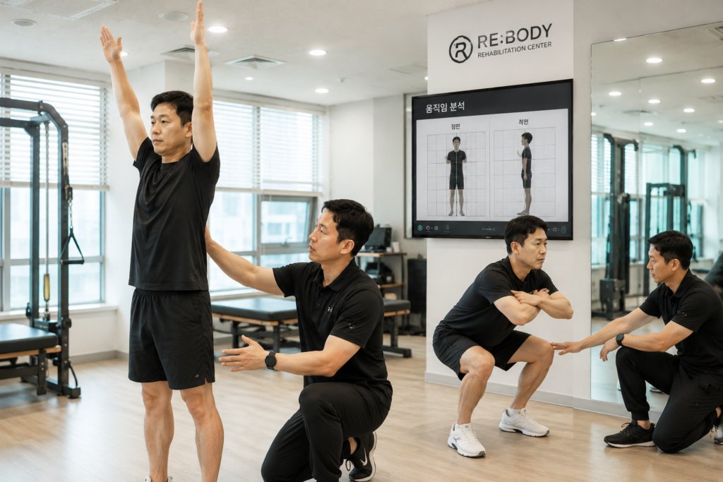 40대 남성이 팔 올리기와 스쿼트 동작을 수행하며 움직임 평가를 받는 장면 재활운동센터에서 트레이너가 자세를 확인하는 모습