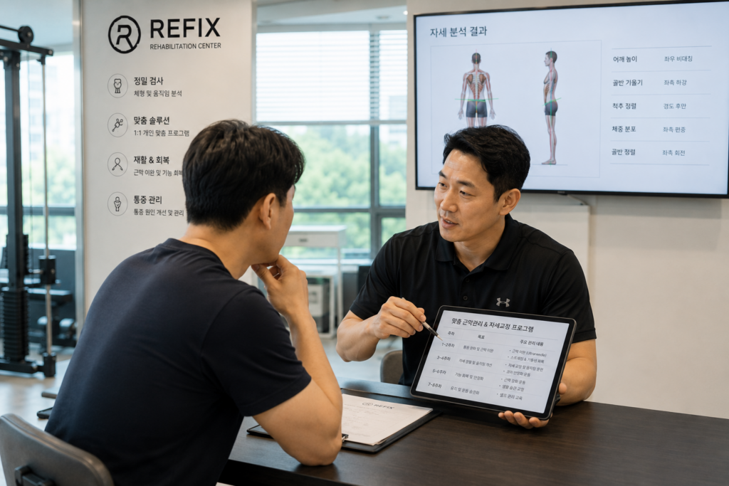 트레이너가 태블릿과 자세 분석 자료를 활용해 맞춤 프로그램을 설명하는 장면