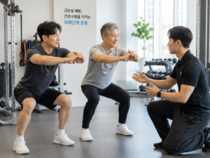 근손실 예방을 주제로 한 건강수명 프로젝트, 40대와 60대 성인이 재활운동센터에서 하체근력 운동을 배우는 장면