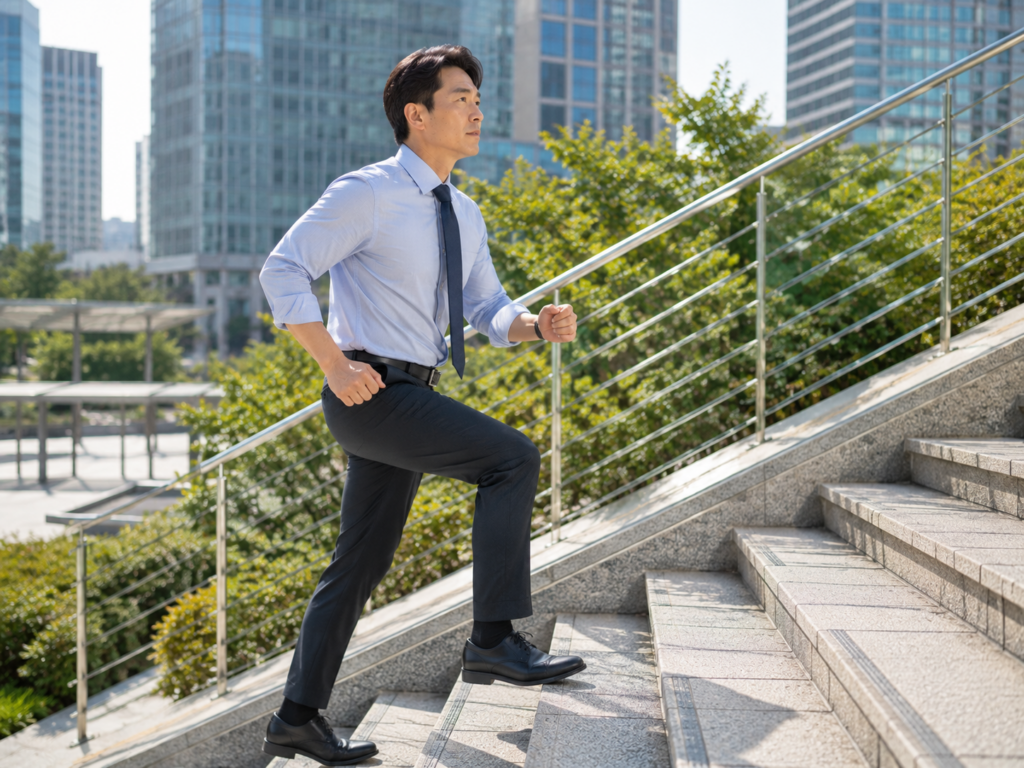 40대 직장인이 계단을 오르며 허벅지 근육을 사용하는 모습 근손실 예방과 하체근력 운동의 중요성을 보여주는 장면 건강수명 관리