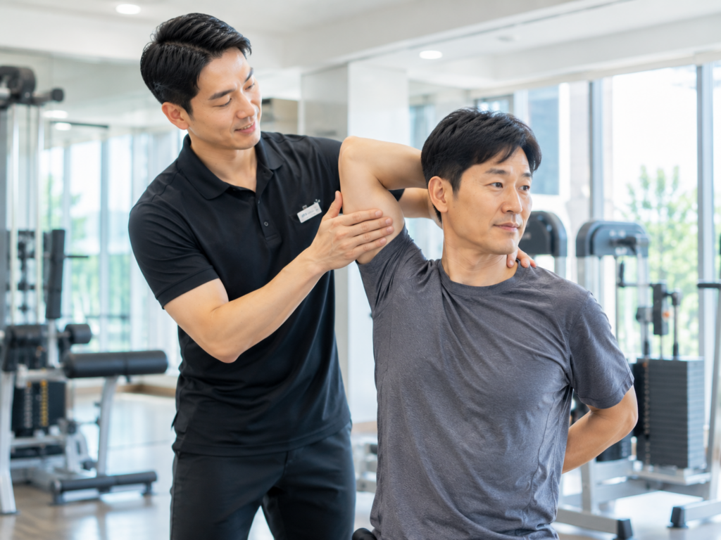 재활운동센터에서 전문 트레이너와 함께 어깨 가동성 향상을 위한 유연성 운동을 하는 40대 한국인 남성