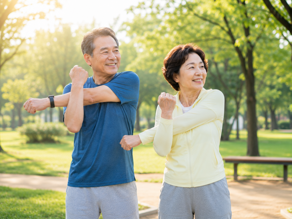 공원에서 아침 햇살을 받으며 유연성 운동을 하는 60대 한국인 부부 건강수명을 위한 스트레칭과 활기찬 노후 생활
