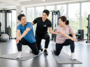 중년 운동 추천을 주제로 한 건강수명 프로젝트 이미지, 50대 한국인 남성과 여성이 재활운동센터에서 전문 트레이너와 함께 가벼운 기능성 운동과 스트레칭을 배우는 장면