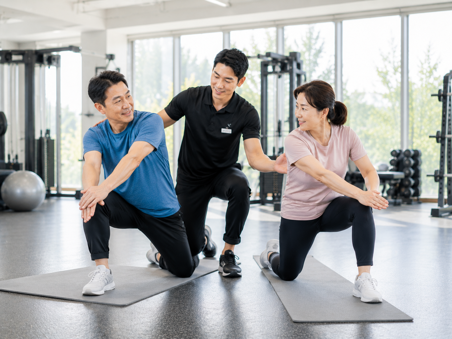 중년 운동 추천을 주제로 한 건강수명 프로젝트 이미지, 50대 한국인 남성과 여성이 재활운동센터에서 전문 트레이너와 함께 가벼운 기능성 운동과 스트레칭을 배우는 장면